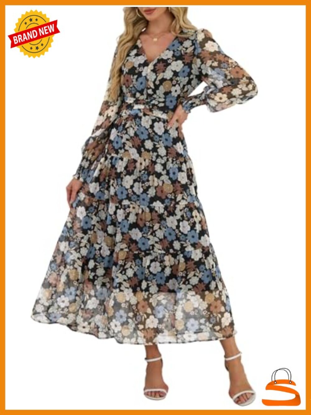 100% Polyester Floral Long Sleeve Maxi Dress Wedding Guest Boho